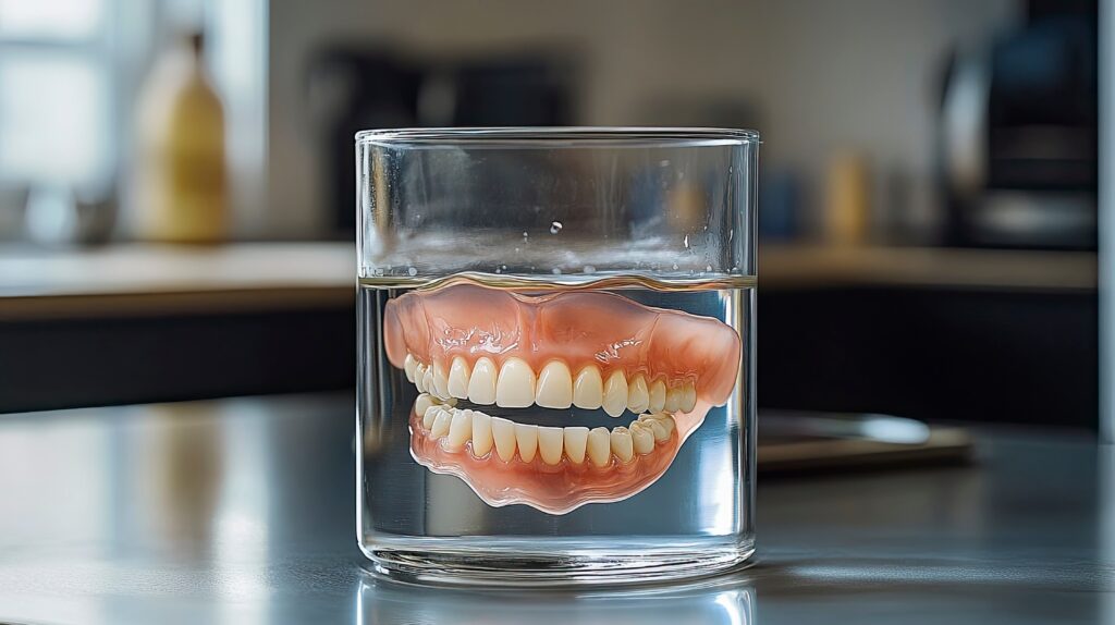 A pair of dentures soaking in a glass of water.